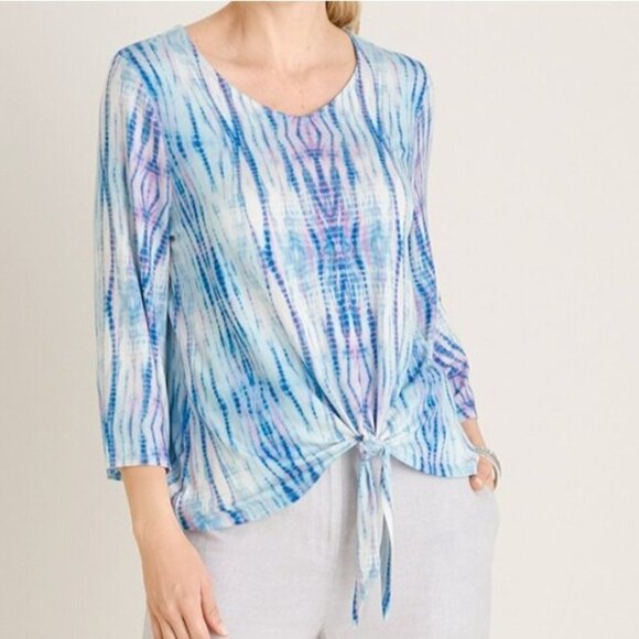 Chico's Tie Dye T Shirt Blouse Tie Front WaterColor Blue Purple NWT Large - Picture 9 of 12